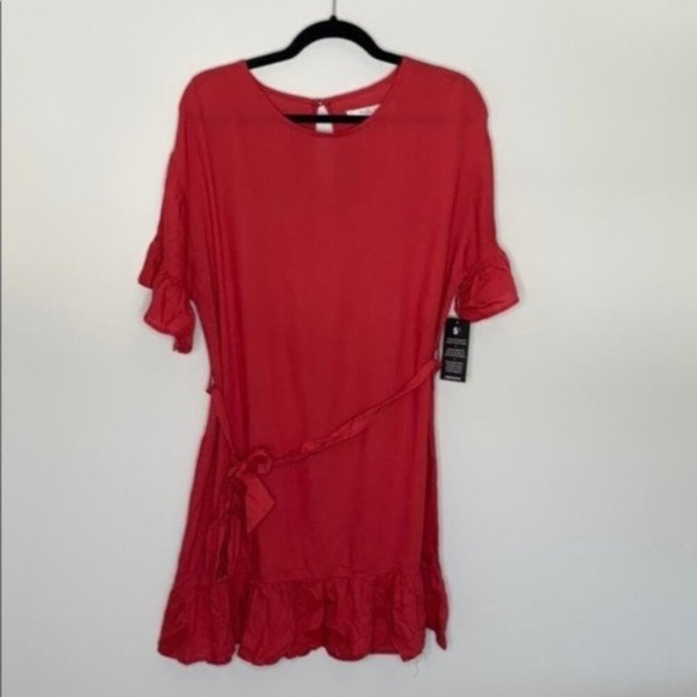Twik Women Red Short Sleeve Ruffle Tie Belted Mini Shirt Dress Size Medium